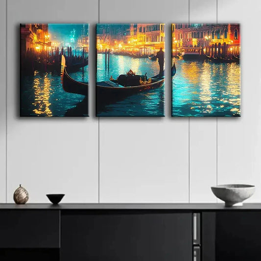 3pcs Venice's Grand Canal at Night Perfect Wall Art Set Canvas Framed 40x60cm - High Quality Print 100% Australian Made Wall Canvas Ready to Hang