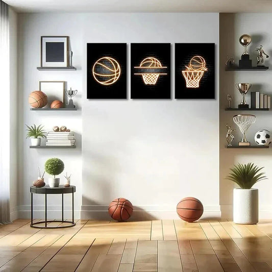 3pcs  Creative Basketball Art Neon Painting Metal Print Ready to Hang Art