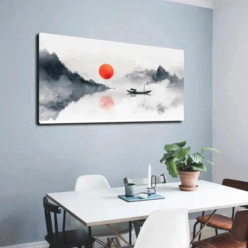Chinese Landscape Lake Wall Art Canvas Office Home Room Framed 80x45cm