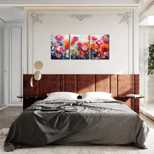 3pcs Vibrant Pink, Red & Blue Flowers Metal Print Ready to Hang Art