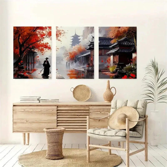 3pcs Vibrant Autumn Scenes with Red Trees & Foggy Metal Print Ready to Hang Art
