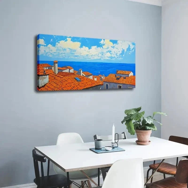 Tiled Roofs & Blue Sky Scene Wall Art Canvas Office Home Room Framed 120x60cm