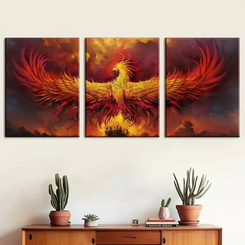 3pcs The Mythological Creature of Fire Phoenix  Wall Art Set Canvas Framed 40x60cm - High Quality Print 100% Australian Made Wall Canvas Ready to Hang