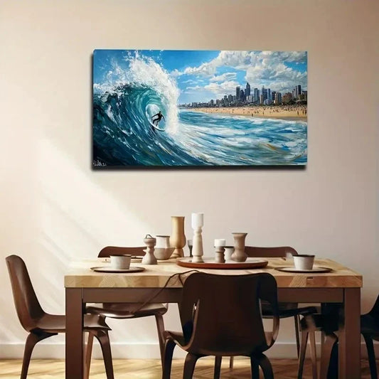 Vibrant Surfing Wave & Beach Wall Art Canvas Office Home Room Framed 80x45cm