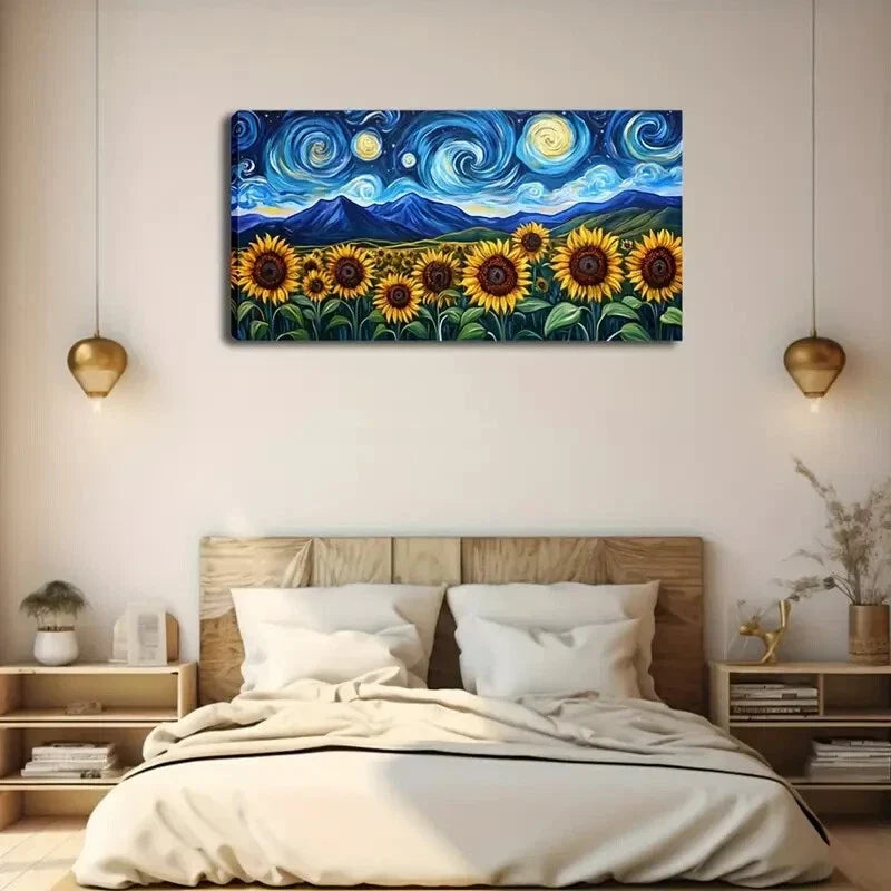 Beautiful Starry Sky Sunflowers Wall Art Canvas Office Home Room Framed 120x60cm