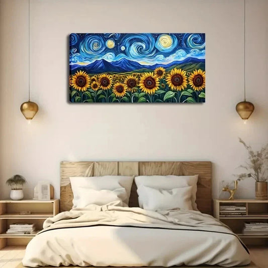 Beautiful Starry Sky Sunflowers Wall Art Canvas Office Home Room Framed 120x60cm