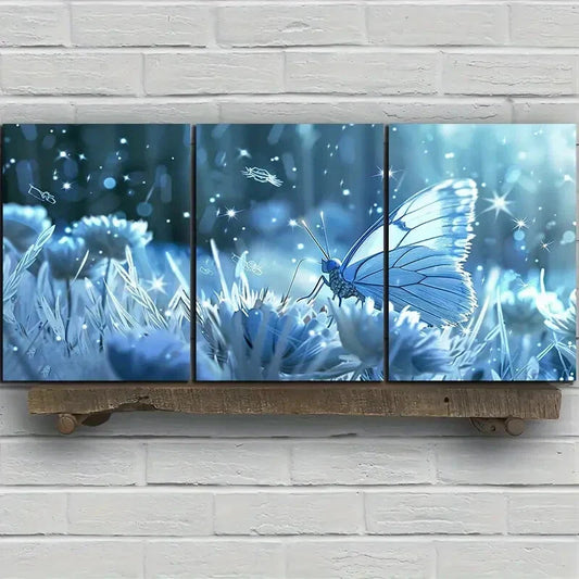 3pcs Butterfly Blue & White Wings Metal Print Ready to Hang Art