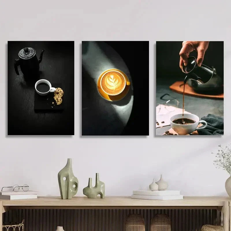 3pcs Black coffee and cake poster, espresso, Metal Print Ready to Hang Art