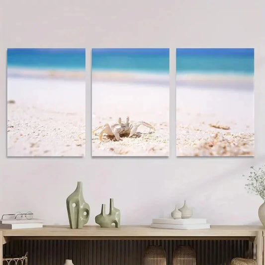 3pcs Vibrant Ocean View with Crab & Seashells Metal Print Ready to Hang Art