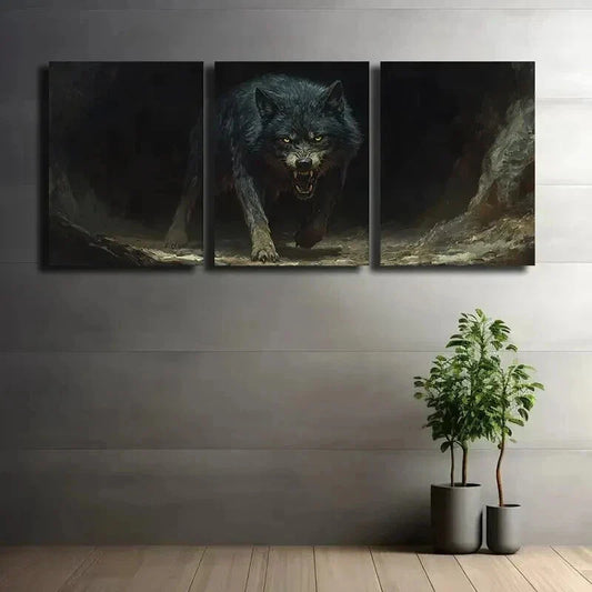 3pcs Glowing Yellow Eyes Wolf Mural Wall Art Set Canvas Framed 40x60cm - High Quality Print 100% Australian Made Wall Canvas Ready to Hang