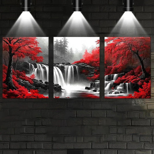 3pcs Vivid Red Tree Waterfall Metal Print Ready to Hang Art