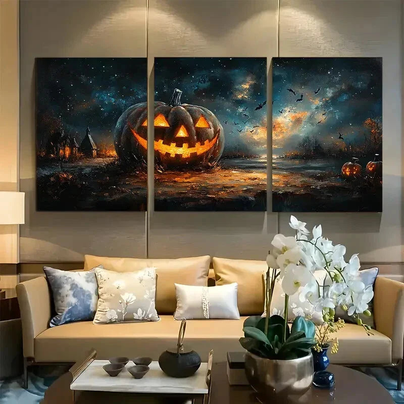 3pcs Starry Night Pumpkin Design Metal Print Ready to Hang Art