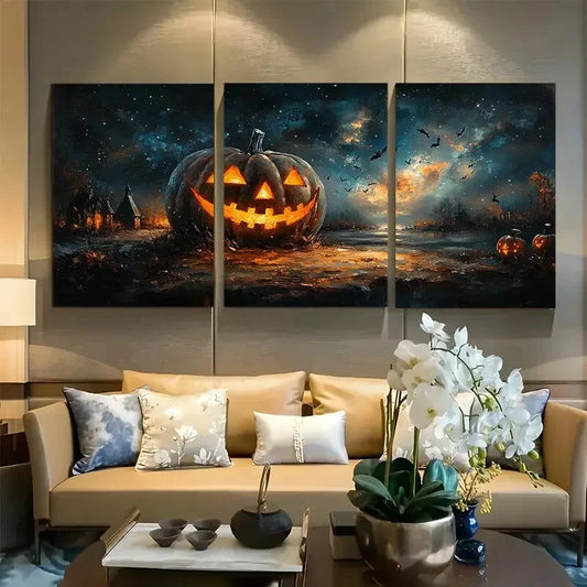 3pcs Starry Night Pumpkin Design Metal Print Ready to Hang Art