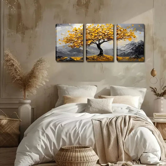 3pcs Yellow Leaf, Big Tree Wall Art Set Canvas Framed 40x60cm - High Quality Print 100% Australian Made Wall Canvas Ready to Hang