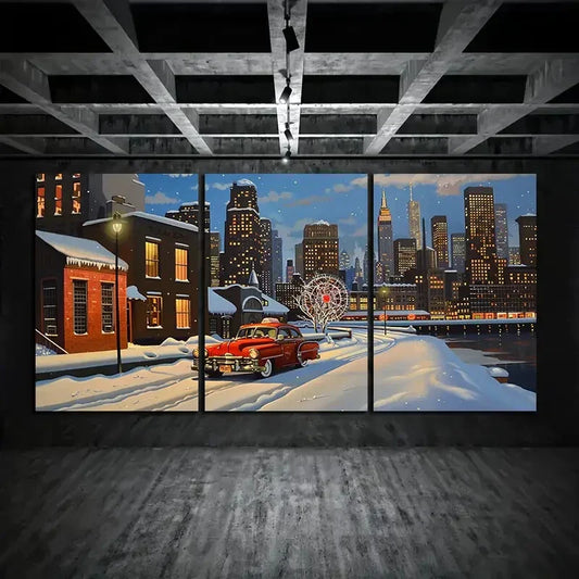 3pcs Snowy Urban Scene with Classic Car & Ferris Metal Print Ready to Hang Art