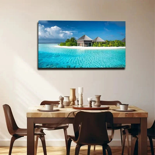Vibrant Beach Scene Palm Tree Wall Art Canvas Office Home Room Framed 80x45cm