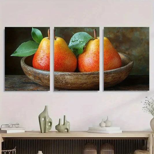 3pcs Vintage Pears Rustic Painting Metal Print Ready to Hang Art