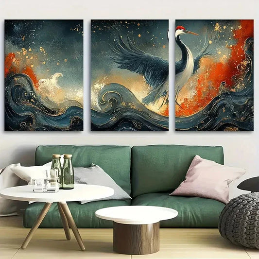 3pcs Traditional Japanese Hokusai Waves and Crane Metal Print Ready to Hang Art