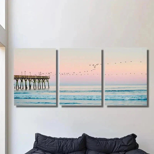 3pcs ocean sunset, coastal beach painting,  Metal Print Ready to Hang Art