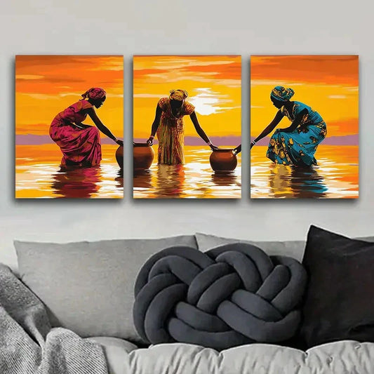 3pcs African Women by the River Metal Print Ready to Hang Art