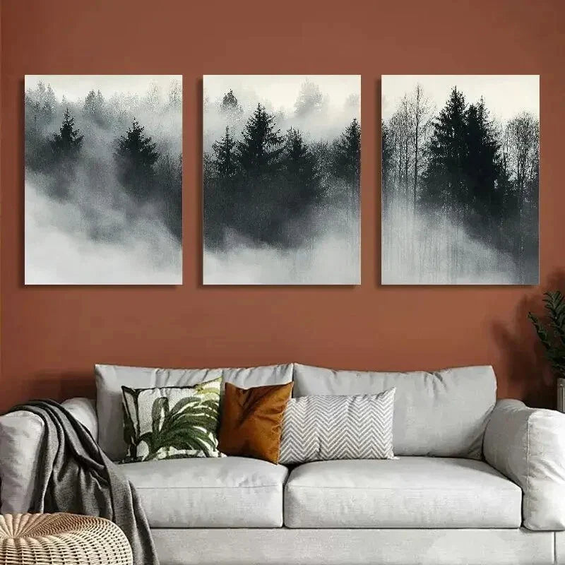 3pcs Trees Foggy Forest Modern Prints Metal Print Ready to Hang Art