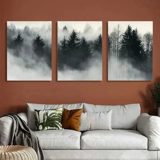 3pcs Trees Foggy Forest Modern Prints Metal Print Ready to Hang Art