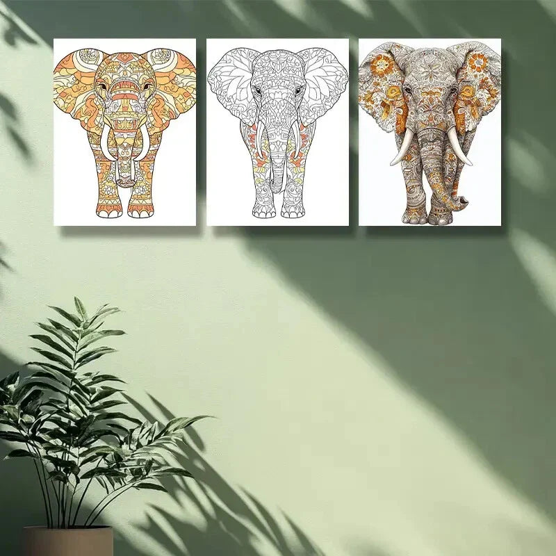 3pcs Stylized elephant Art Painting Metal Print Ready to Hang Art