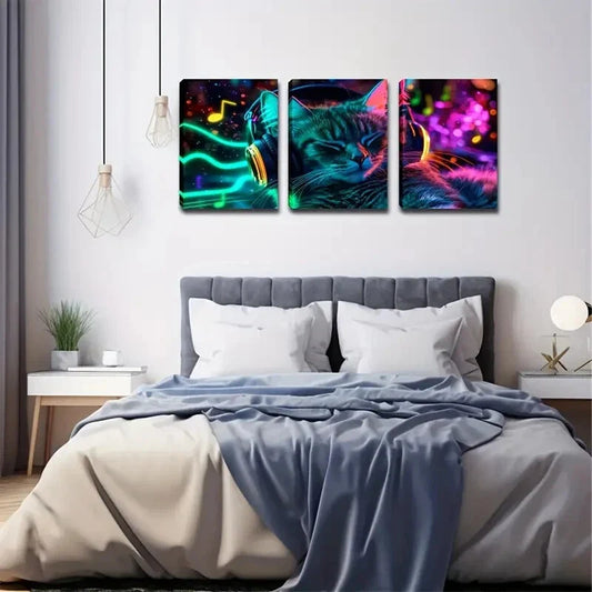 3pcs Neon Light Abstract Cat Listening to Music  Wall Art Set Canvas Framed 40x60cm - High Quality Print 100% Australian Made Wall Canvas Ready to Hang