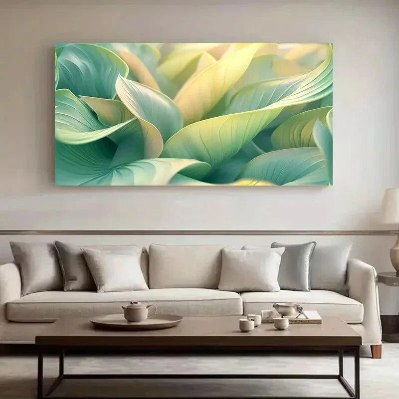 Vibrant Soft Green Leaves wall canvas office home room framed 120x60cm