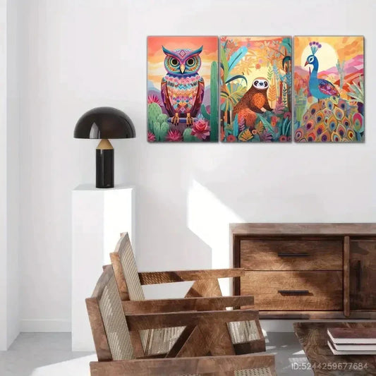 3pcs Owl Sloth Peacock Colorful Abstract Wild Metal Print Ready to Hang Art