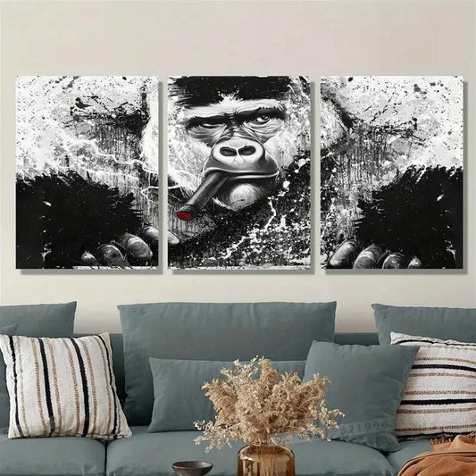 3pcs Black & White Smoking Gorilla Portrait, Metal Print Ready to Hang Art