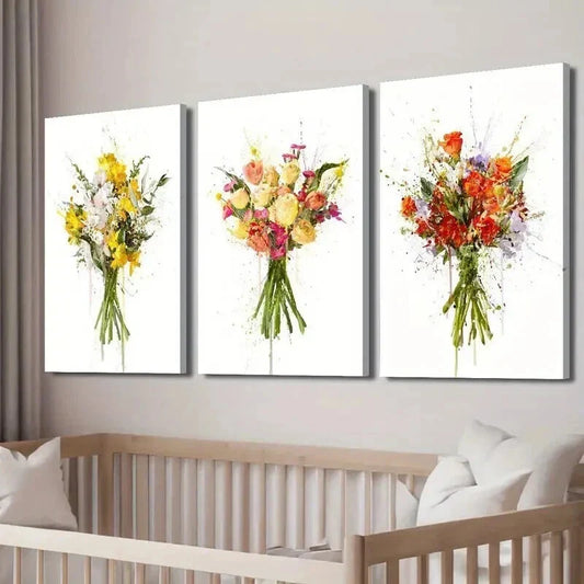 3pcs Colorful Floral Murals with Green Stems Wall Art Set Canvas Framed 40x60cm - High Quality Print 100% Australian Made Wall Canvas Ready to Hang
