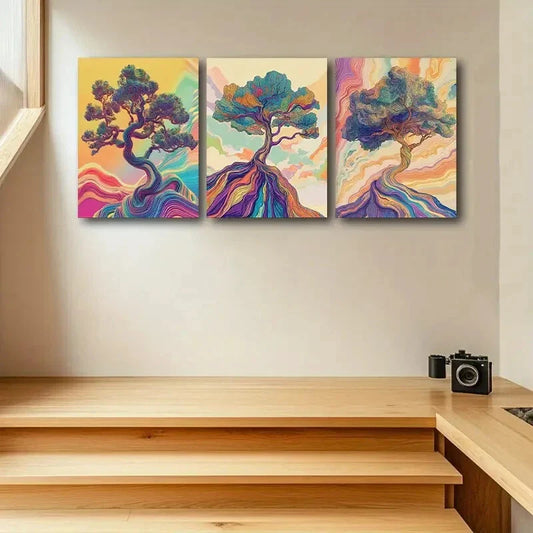 3pcs Modern Colorful Abstract Tree Design Metal Print Ready to Hang Art