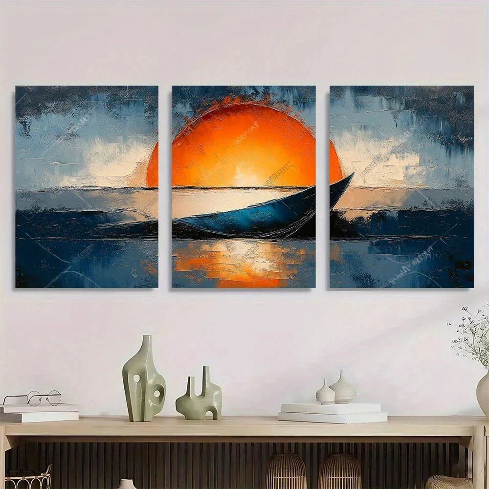 3pcs Abstract Blue and Orange Oil Painting Metal Print Ready to Hang Art