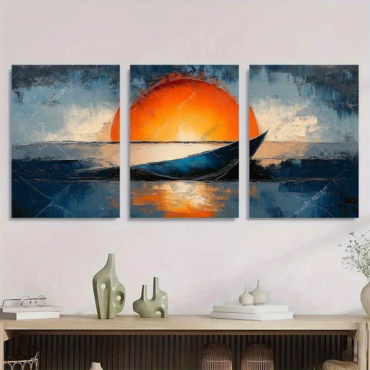 3pcs Abstract Blue and Orange Oil Painting Metal Print Ready to Hang Art