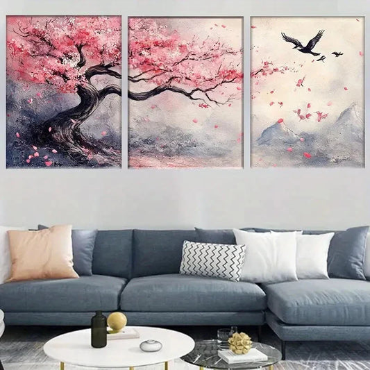 3pcs Cherry Blossom Tree And Flying Birds Metal Print Ready to Hang Art