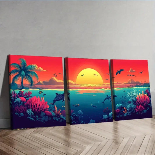 3pcs Sunset Over the Ocean Sun Shine Perfect Wall Art Set Canvas Framed 40x60cm - High Quality Print 100% Australian Made Wall Canvas Ready to Hang