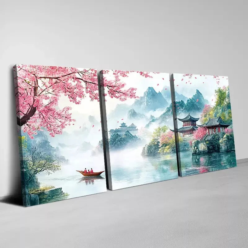 3pcs Watercolor Scenic Landscape Cherry Blossoms Wall Art Set Canvas Framed 40x60cm - High Quality Print 100% Australian Made Wall Canvas Ready to Hang