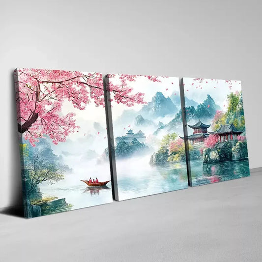 3pcs Watercolor Scenic Landscape Cherry Blossoms Wall Art Set Canvas Framed 40x60cm - High Quality Print 100% Australian Made Wall Canvas Ready to Hang