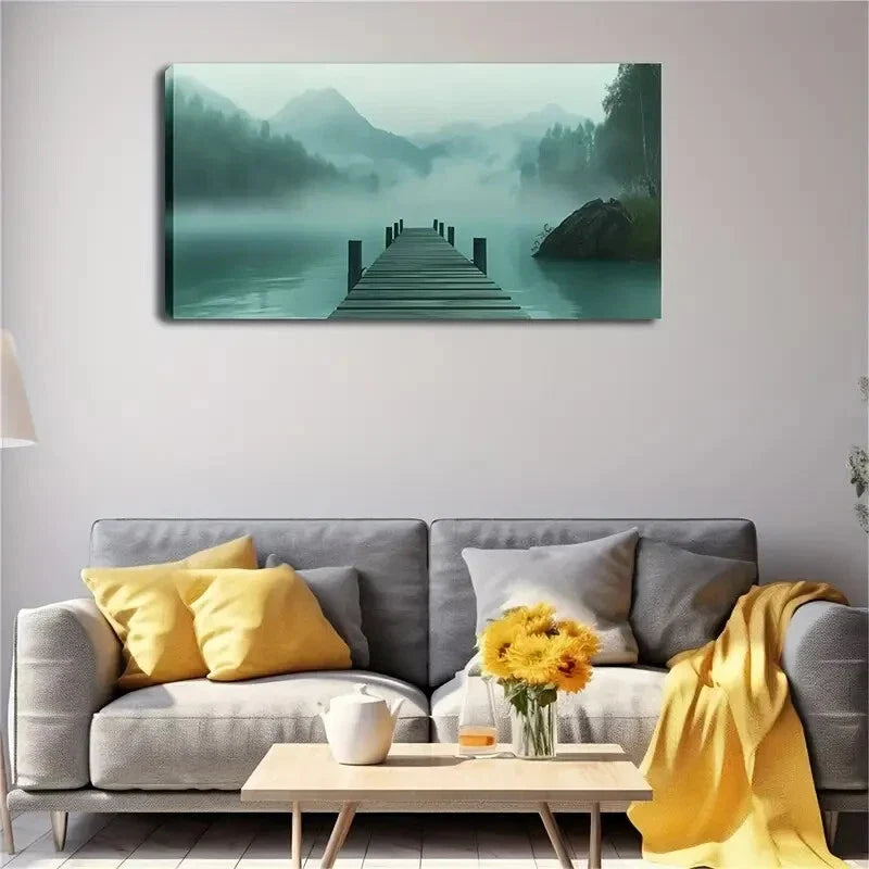 Serene Lake Scene Misty Wall Art Canvas Office Home Room Framed 120x60cm
