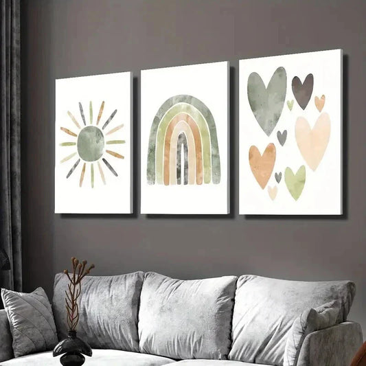 3pcs Bohemian Neutral Sun Rainbow Wall Art Set Canvas Framed 40x60cm - High Quality Print 100% Australian Made Wall Canvas Ready to Hang