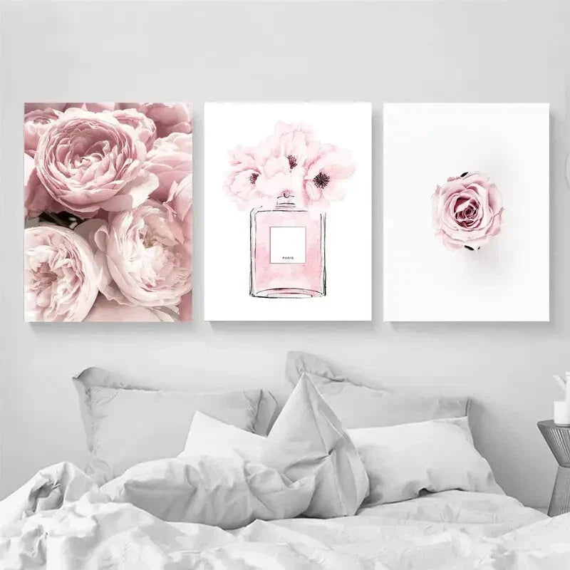 3pcs Perfume Pink Peonies Blush & Pink Rose Metal Print Ready to Hang Art