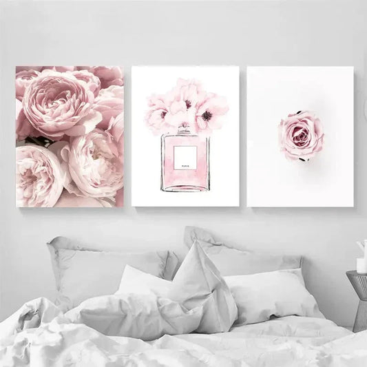 3pcs Perfume Pink Peonies Blush & Pink Rose Metal Print Ready to Hang Art