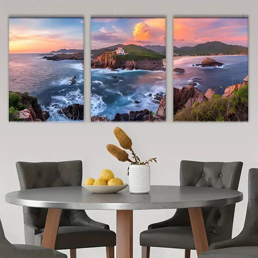 3pcs Sea View Mountain Waves Green Grasses Metal Print Ready to Hang Art