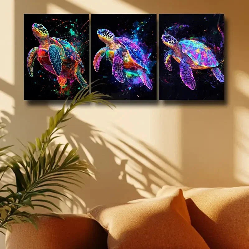 3pcs Colorful Turtle Design Metal Print Ready to Hang Art