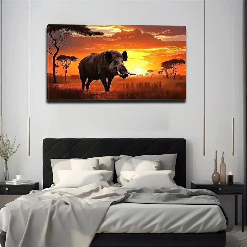 Savanna Fierce Wild Boar Wheat Wall Art Canvas Office Home Room Framed 120x60cm