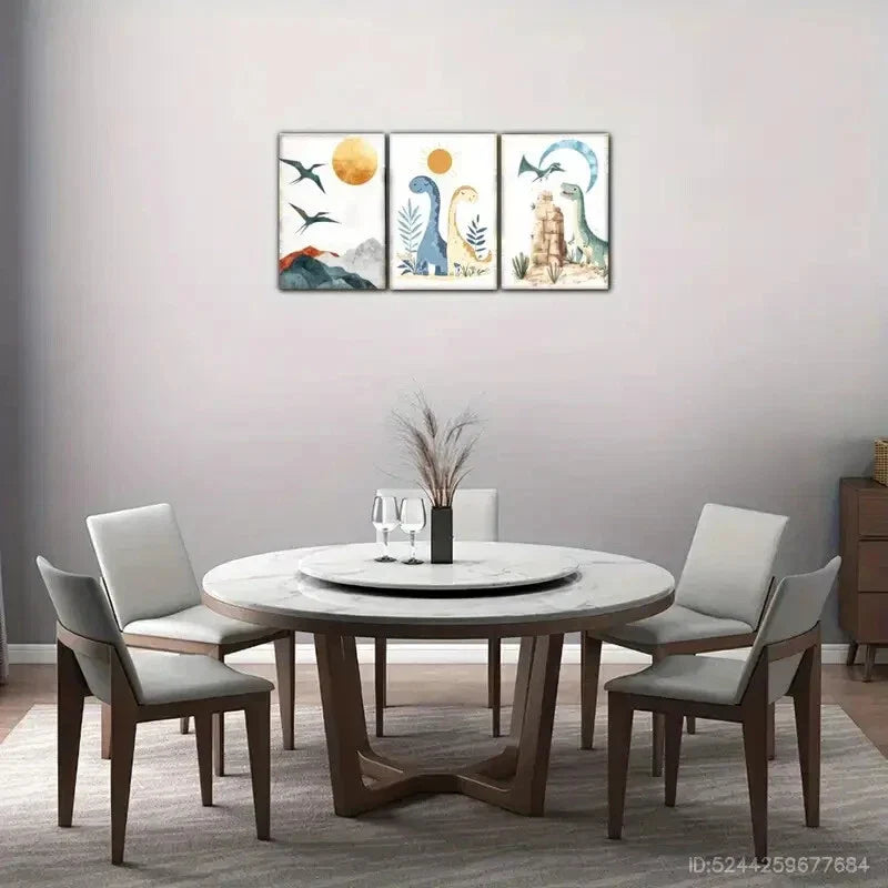 3pcs Cute Little Dinosaurs Playing In Outside Metal Print Ready to Hang Art