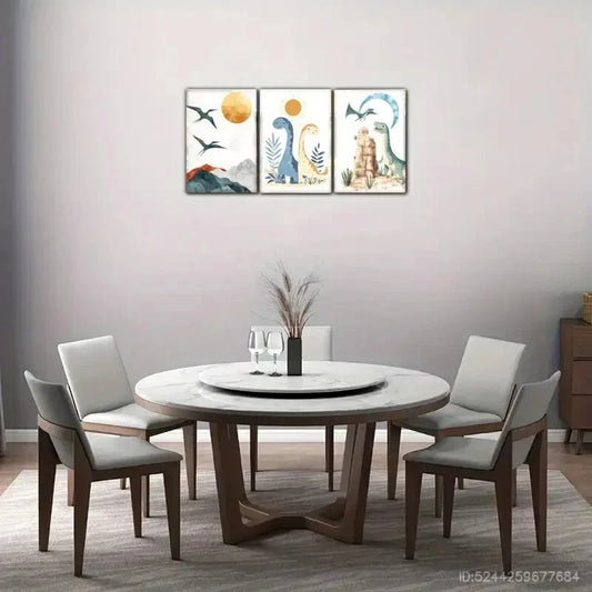 3pcs Cute Little Dinosaurs Playing In Outside Metal Print Ready to Hang Art