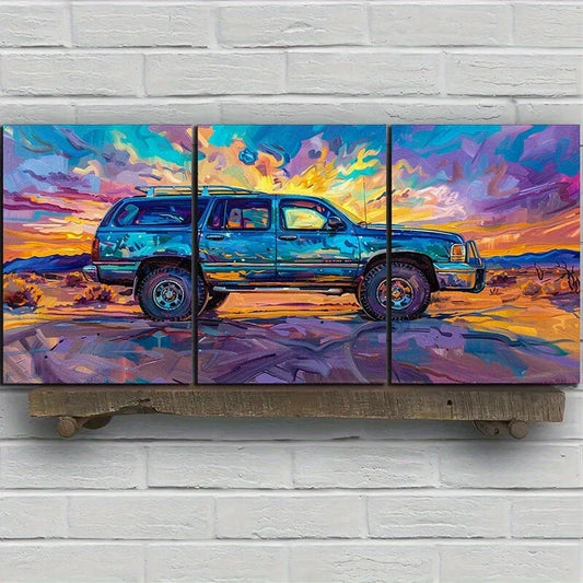 3pcs Desert Car Abstract Painting Metal Print Ready to Hang Art