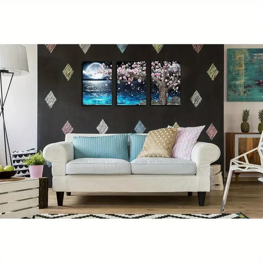 3pcs Blue Ocean Tree Moon Metal Print Ready to Hang Art
